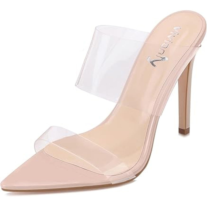 Vivianly Womens Size 9.5 Clear Strap Slide On Open Toe 4.75" Heel Sandal Shoes