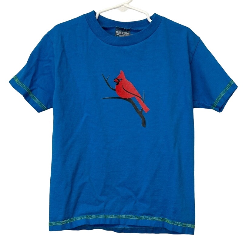Hand Printed Upcycled Kids 6/8 Red Cardinal Bird Short Sleeve 100% Cotton Tee
