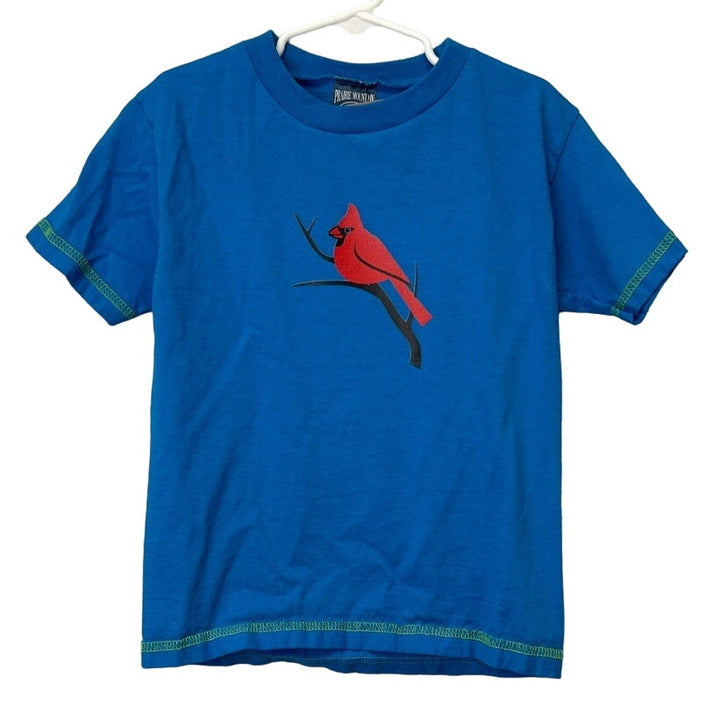 Hand Printed Upcycled Kids 6/8 Red Cardinal Bird Short Sleeve 100% Cotton Tee