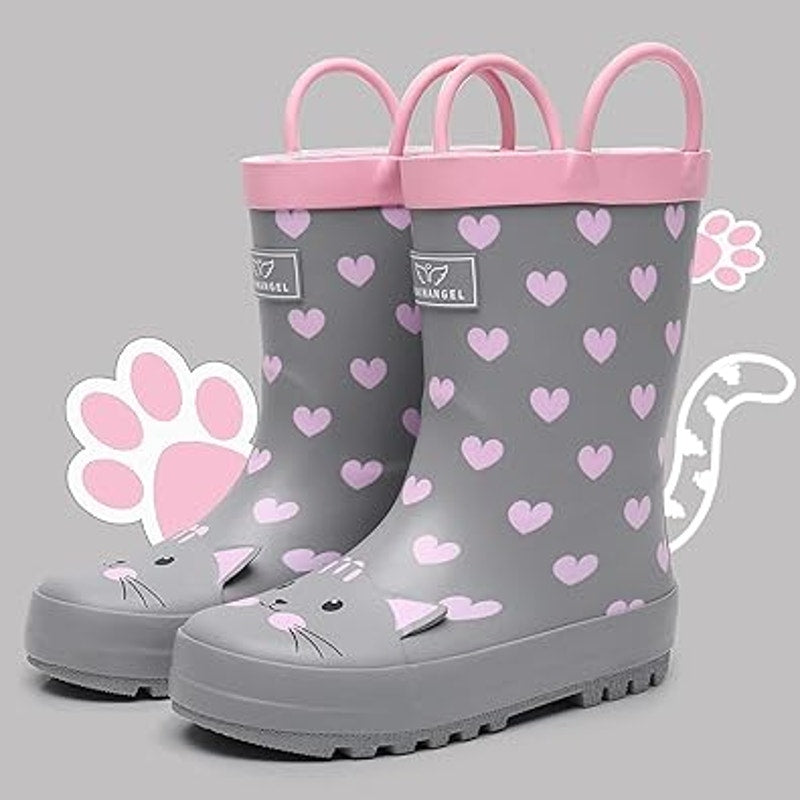 Rain Angel Big Girls Size 4 Gray Pink Cat Pull On Waterproof Rain Boot Shoes