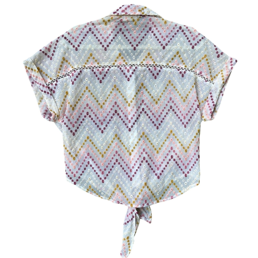 New Lovestitch Womens Medium Zigzag Sheer Embroidered Eyelet Front Tie Blouse