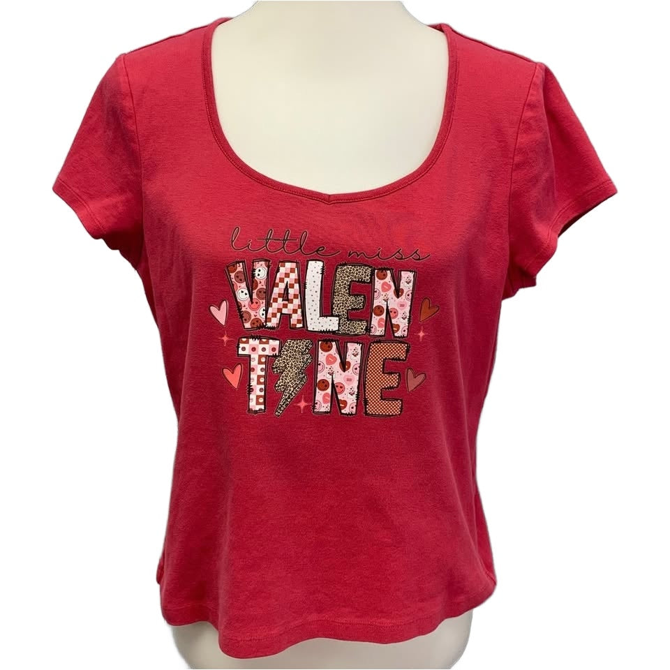 Hand Printed Upcycled Womens XL Little Miss Valentine Short Sleeve Tee Shirt