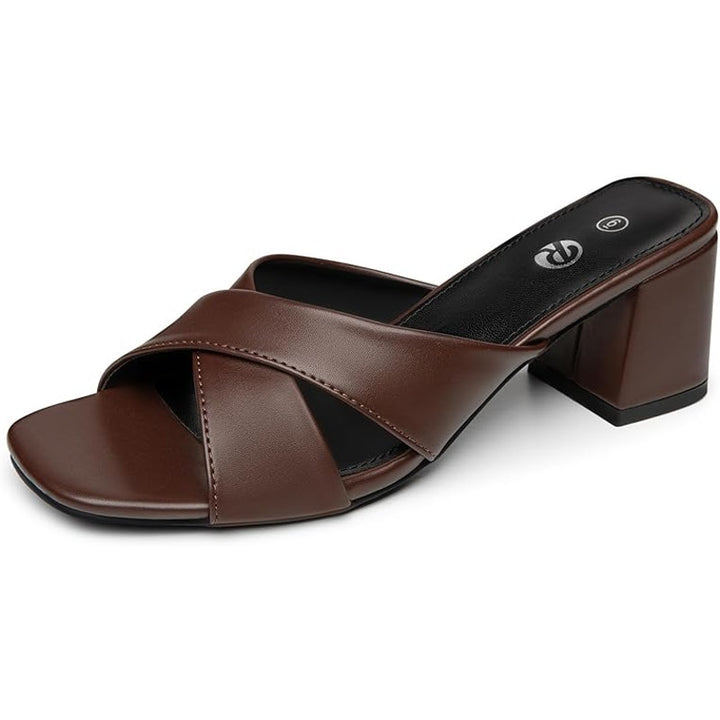 Rekayla Womens Size 8.5 Dark Brown Open Toe Slide On 2.5" Chunky Heel Shoes