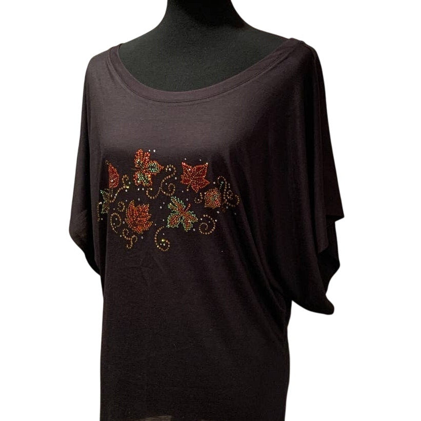 New Alley Design Group Rhinestone Autumn Leaves Black Batwing Dolman Blouse Top