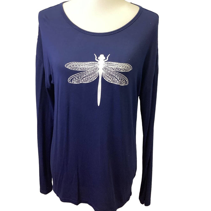 Hand Printed Upcycled Small Dragonfly Modal Blend Long Lacy Sleeve Tee Shirt
