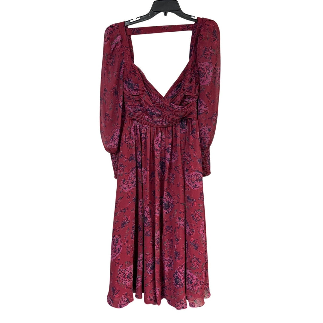 Badgley Mischka Size 6 Pink Purple Floral Flowy Open Back Long Sleeve Midi Dress