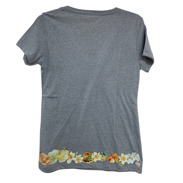 New Hand Printed Medium Heathered Gray Floral Wrap Around Short Sleeve Tee Shirt