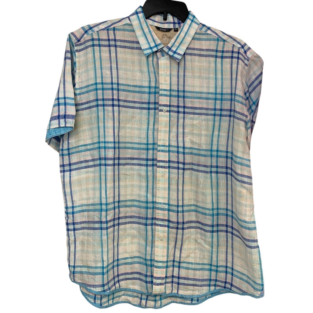 Lot of 2 Bohio Wamaini Mens XL 100% Linen Plaid Short Sleeve Button Up Shirts