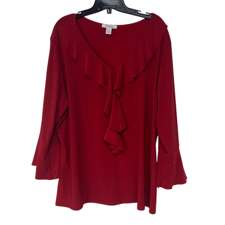 Dress Barn Womens 3X PolySpandex Long Sleeve Red Ruffled V Neck Flowy Blouse