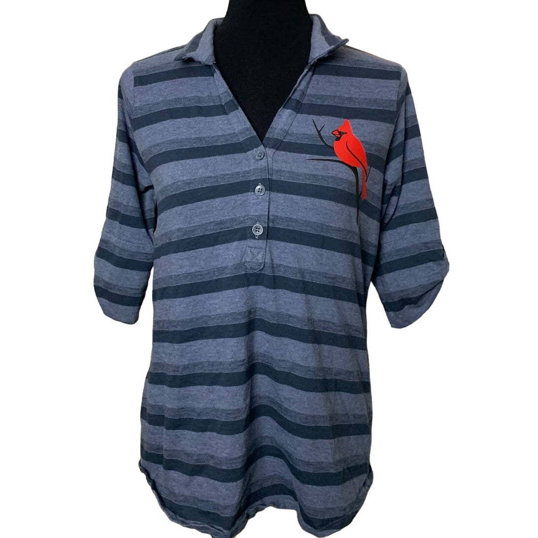 Handmade Upcycled Womens Large Cardinal Striped 3/4 Sleeve Button Collared Top