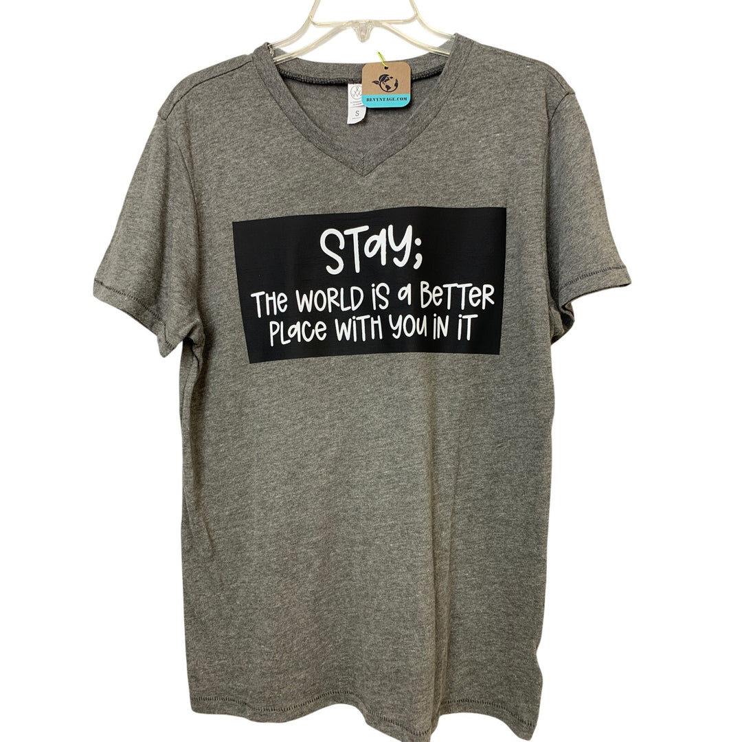 New Upcycled Hand Printed Womens Small VNeck Stay Suicide Prevention Tee Shirt