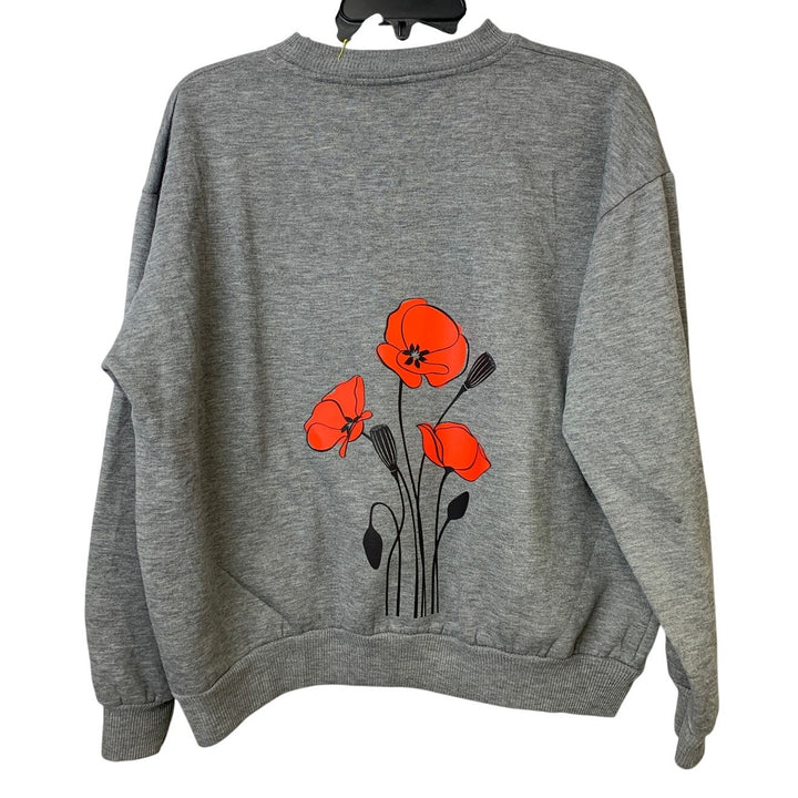 Upcycled Hand Printed Womens Small Gray Red Poppy Flower Front Back Sweatshirt
