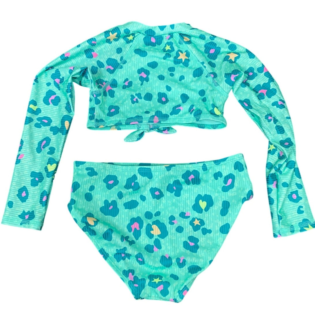 New Cat &amp; Jack Girls Large 10/12 Neon Leopard Long Sleeve 2PC Bikini Swim Suit