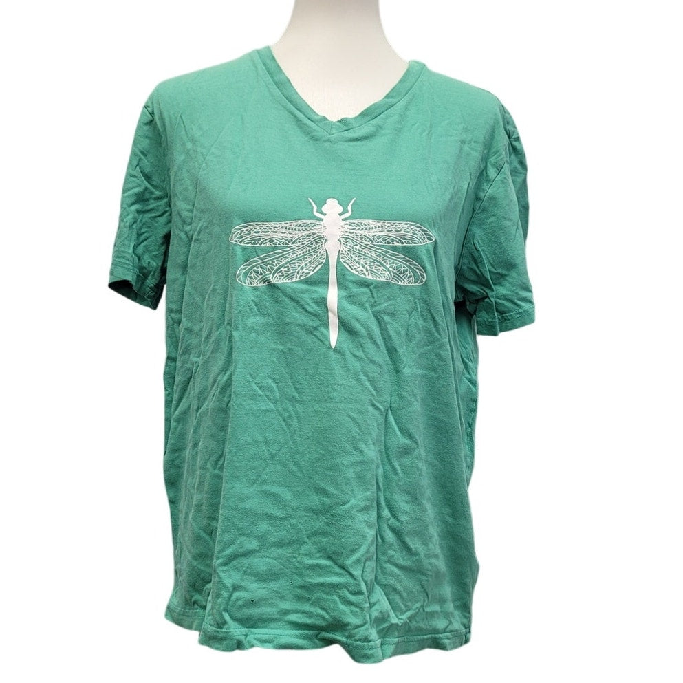 Hand Printed Upcycled Large Dragonfly on Green Cotton Blend V-Neck Tee