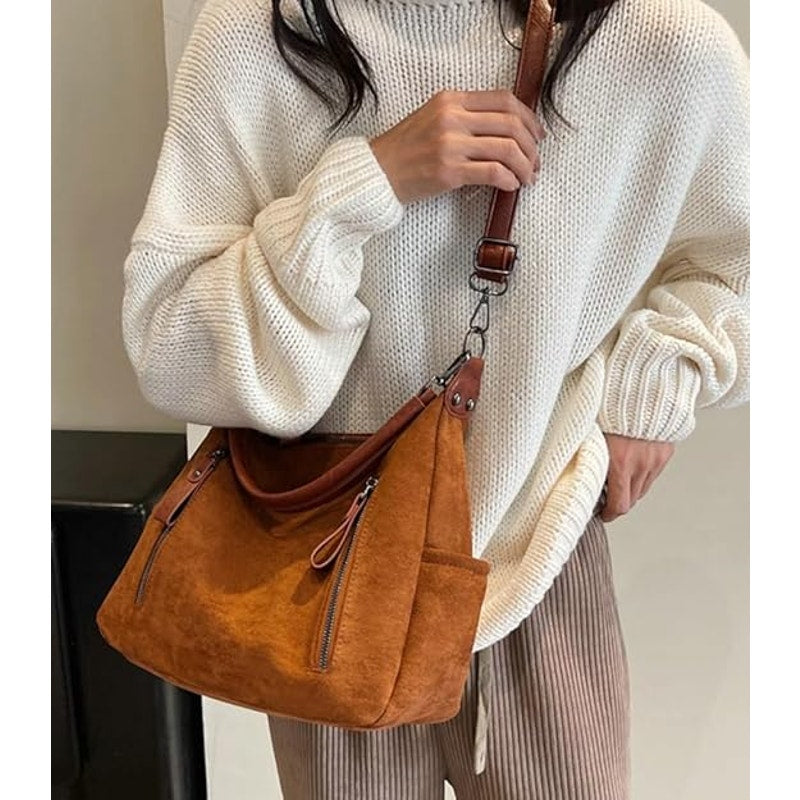 Womens Chestnut Brown Faux Suede Zip Close Satchel Shoulder Crossbody Bag Purse