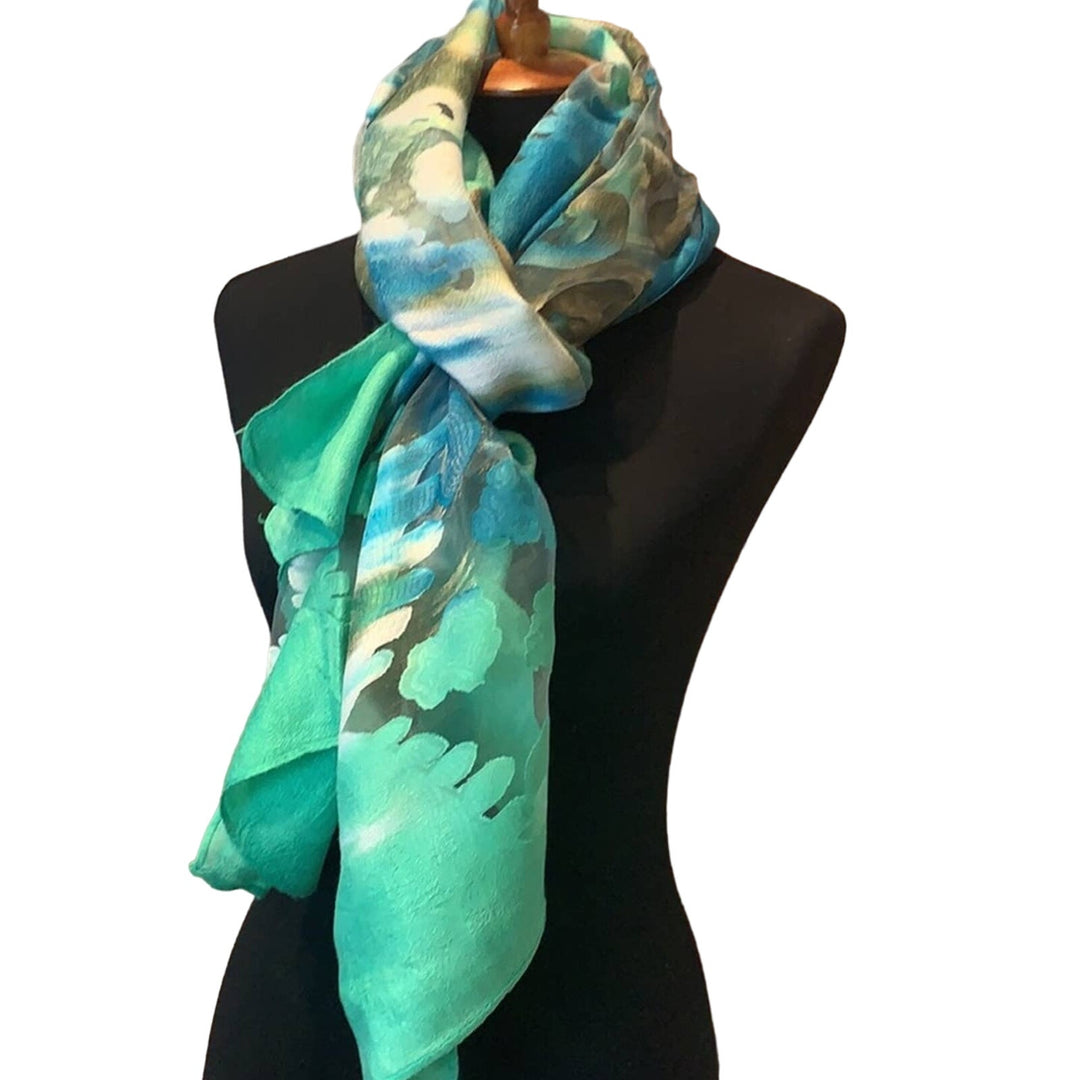 New Long Sheer Blue Green Watercolor Lightweight Fashion Scarf Wrap