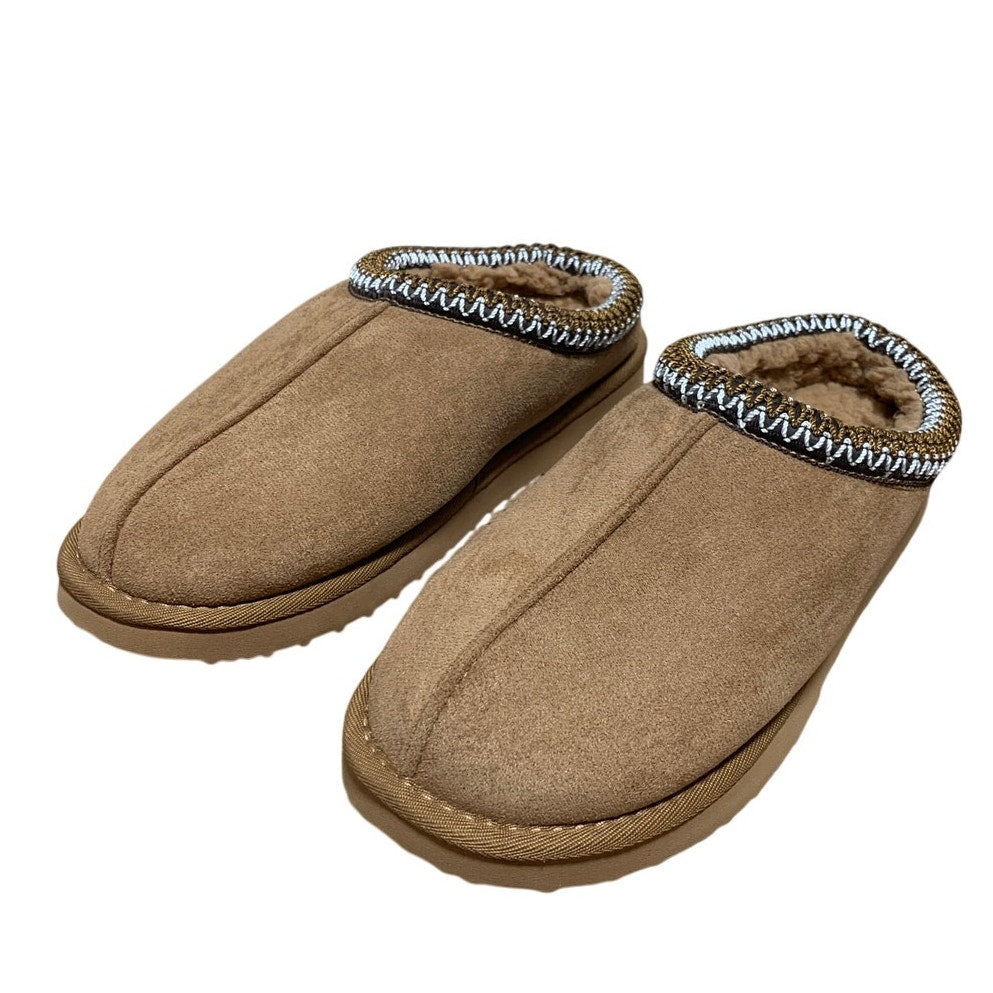 Womens Size 8 Brown Faux Suede Slippers Closed Round Toe Fuzzy Slide On Shoes