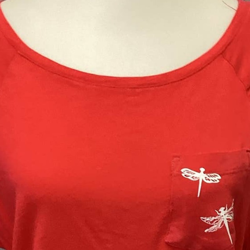 Hand Printed Upcycled Womens Size 2 XS Dragonfly Scoop Neck Cotton Tee Shirt