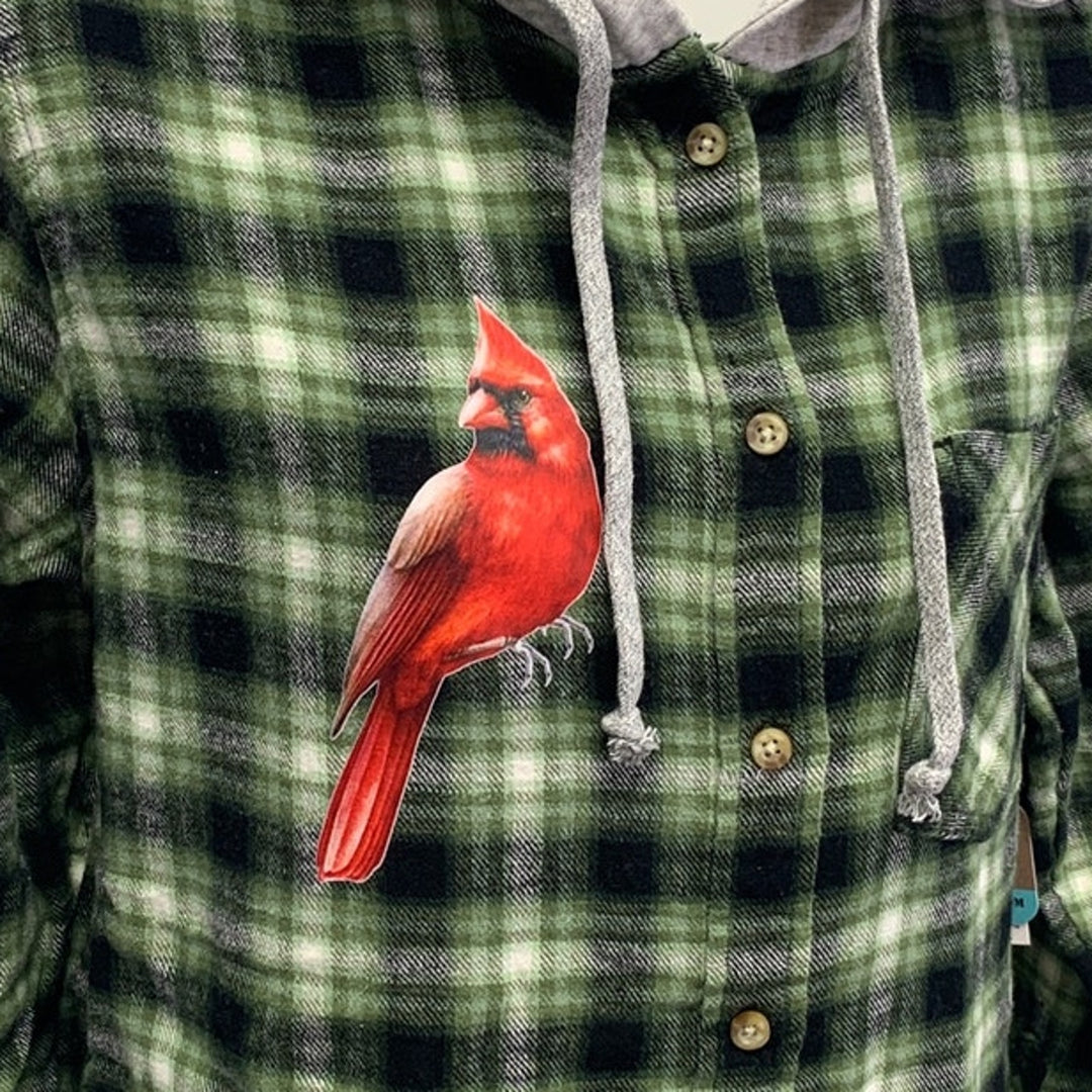 New Hand Printed Womens Small Red Cardinal Bird Plaid Flannel Long Sleeve Hoodie