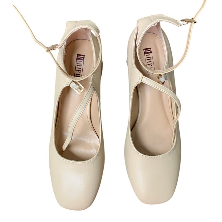 Idifu Womens Size 8.5 Tan Mary Jane 2.25" Block Heel Closed Toe Heel Shoes