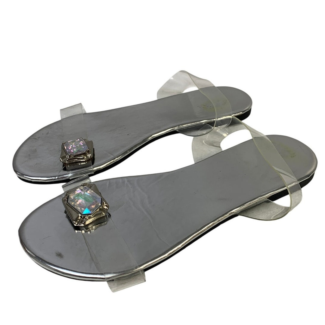 Womens Size 6.5 Silver Clear Sandal Strappy Gem Open Round Toe Shoes