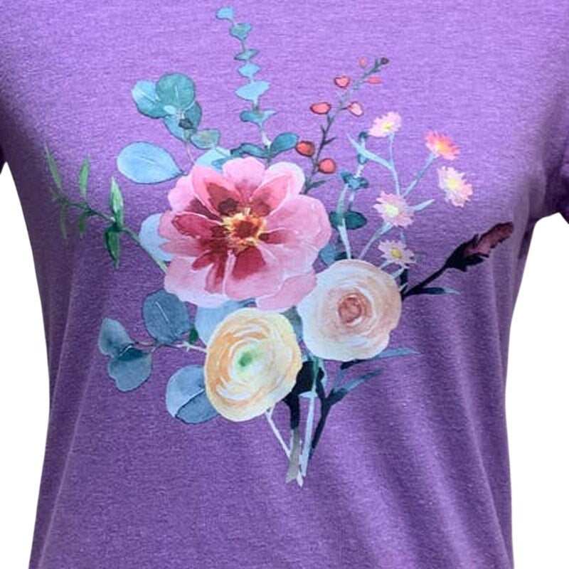 Hand Printed Upcycled Medium Watercolor Summer Flower Peony Aster Bouquet Tee