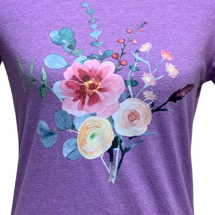 Hand Printed Upcycled Medium Watercolor Summer Flower Peony Aster Bouquet Tee