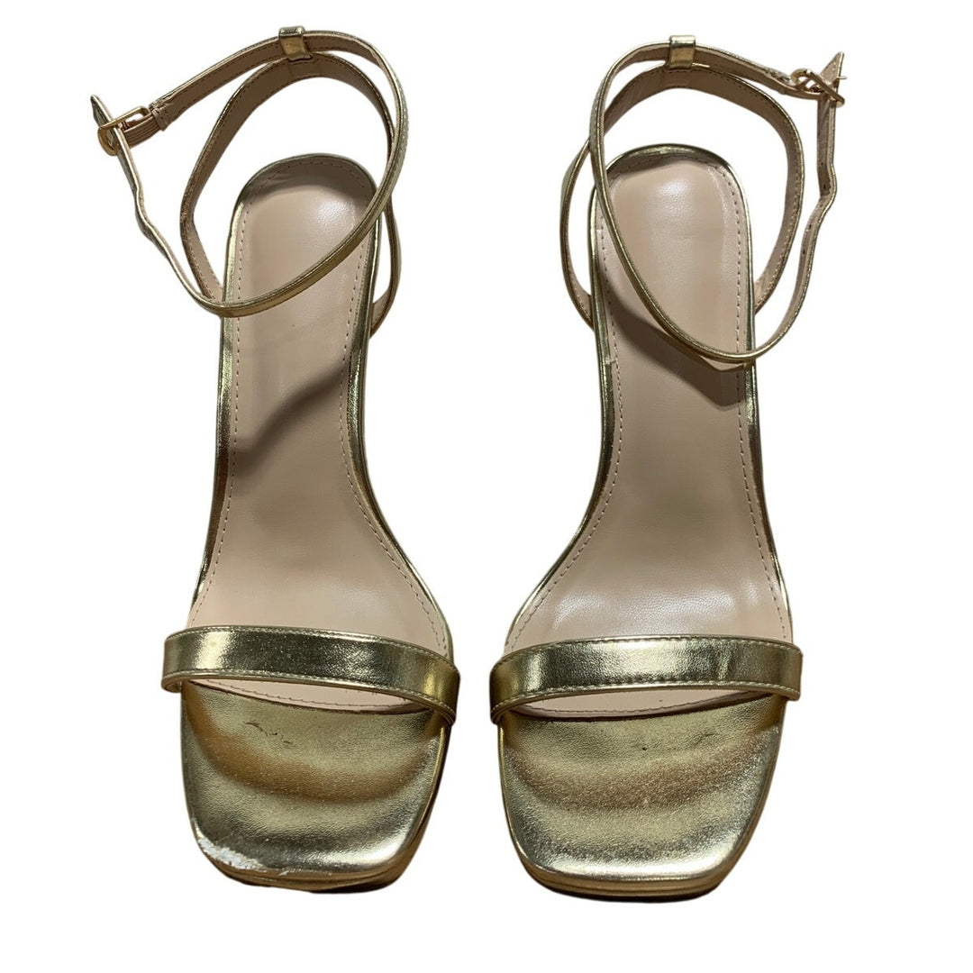 Elisabet Tang Womens Size 7.5 Gold 4" Heels Open Square Toe Ankle Strap Shoes