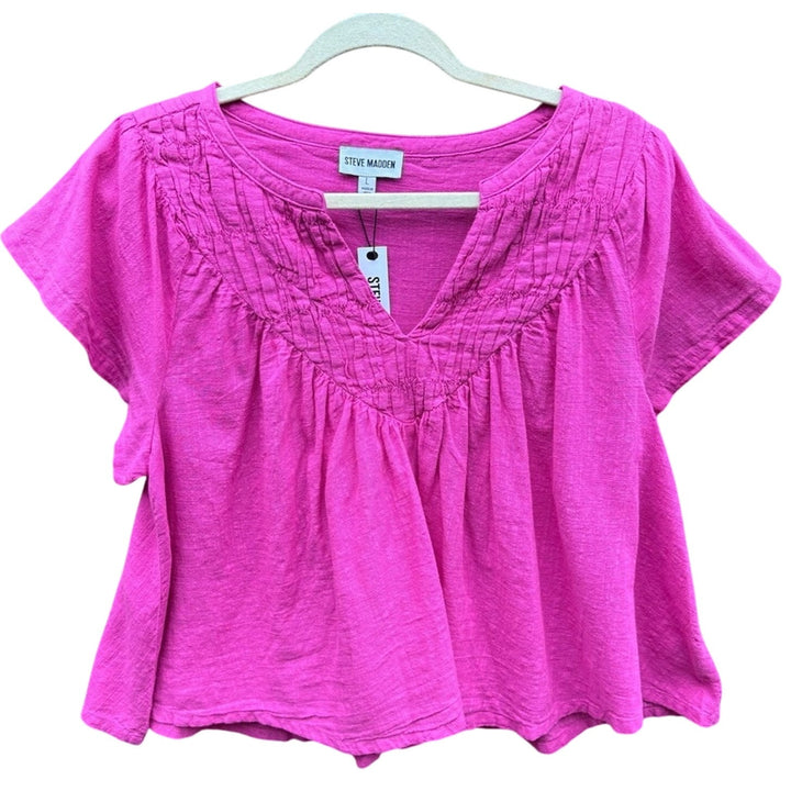 NWT New Steve Madden Womens Large 100% Cotton Short Sleeve V Neck Blouse