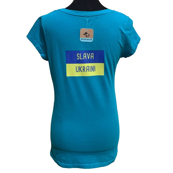 Upcycled Hand Printed Large Ukraine Flag Stork Bird Slava Ukraini Artist Tee