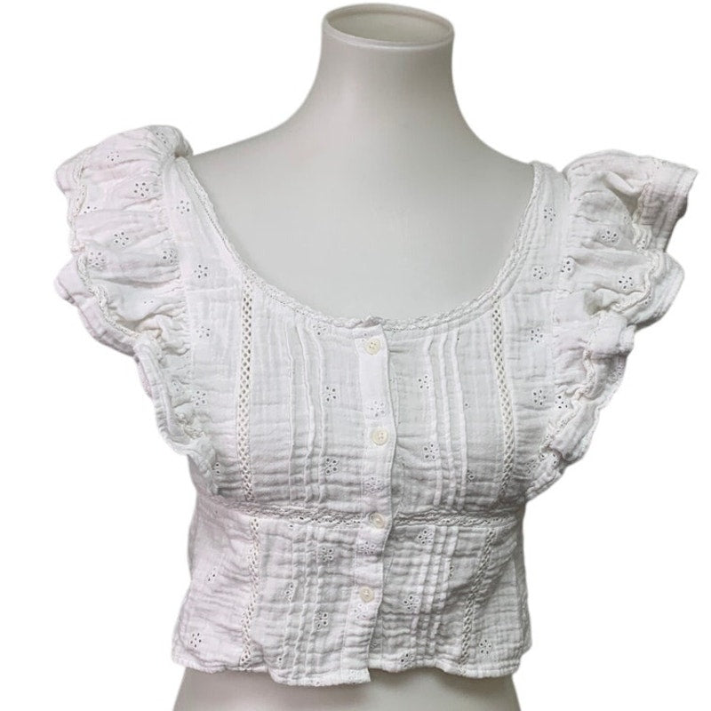 New Aerie Womens Small White Ruffle Sleeve Lace Floral Cottage Front Button Top