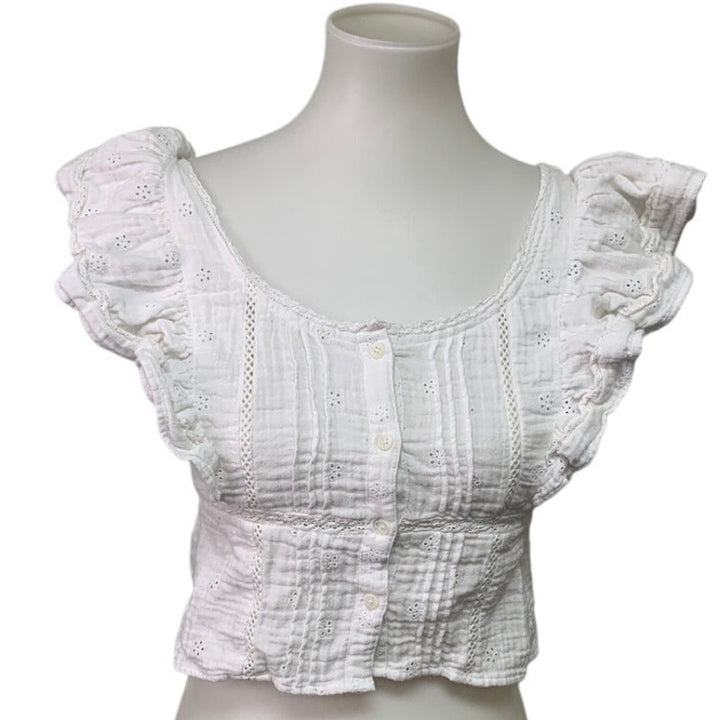 New Aerie Womens Small White Ruffle Sleeve Lace Floral Cottage Front Button Top