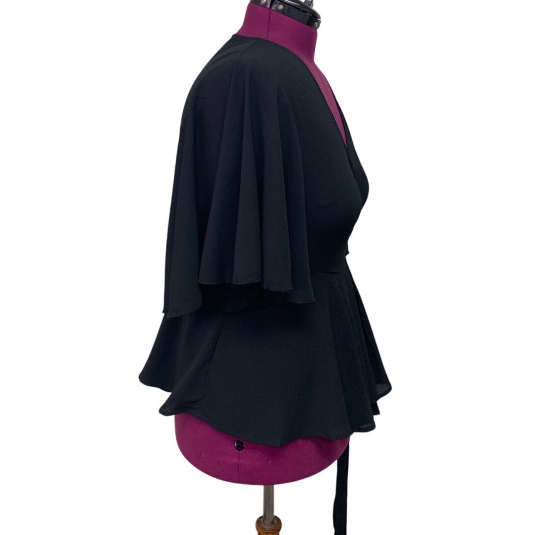 Womens 1X Black 100% Polyester Flowy Half Sleeve Belt Tie V Neck Wrap Top