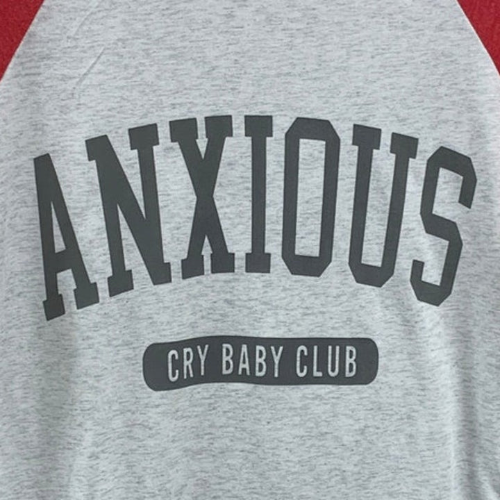 New Hand Printed Womens XS Anxious Cry Baby Club Long Sleeve Red Gray Tee Shirt