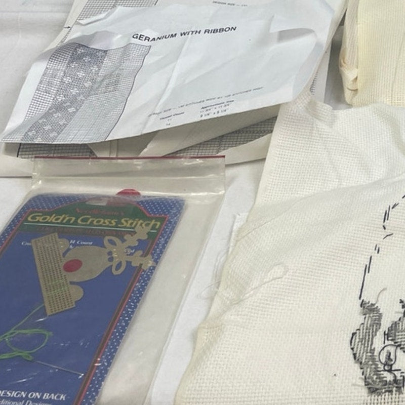 Lot of 5+ Counted Cross Stitch Started Projects Aida Cloth Craft Supplies