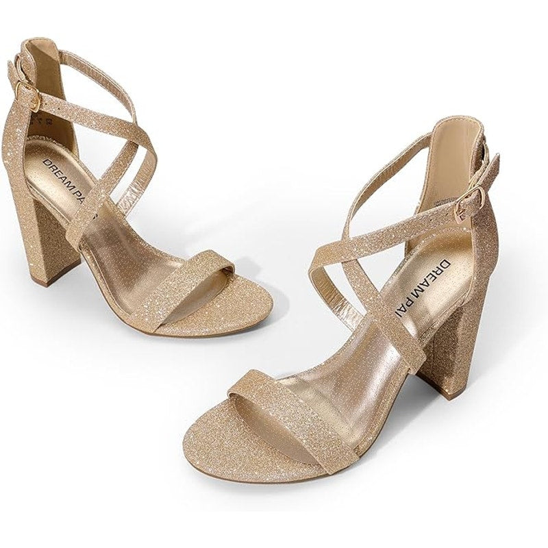 New Dream Pairs Womens 8.5 Gold Glitter 4" Block Heel Open Toe Ankle Strap Shoes