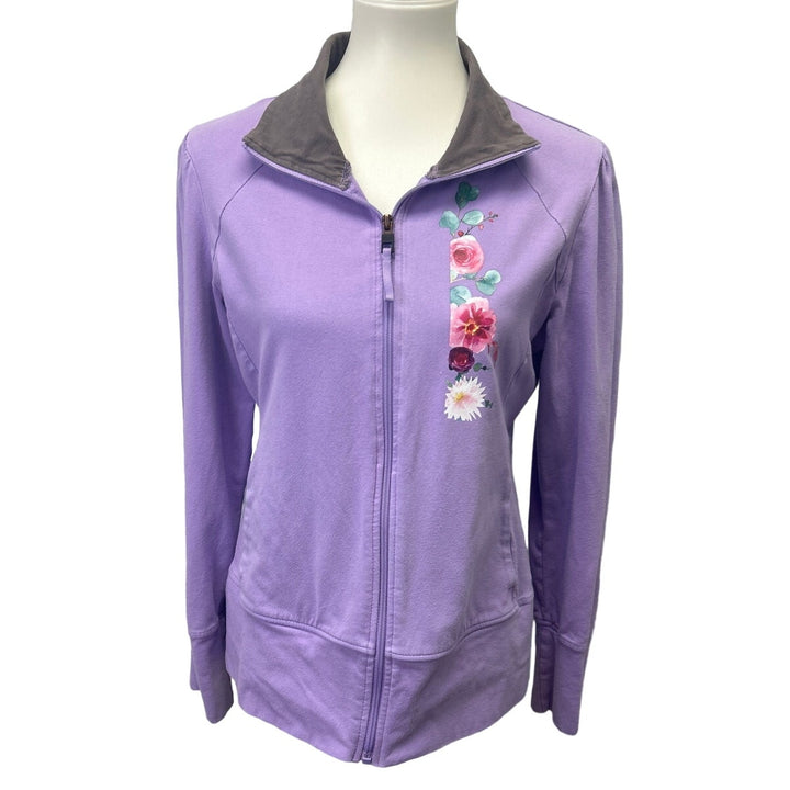 Hand Printed Upcycled Womens Large Peony Flowers Full Zip Lightweight Jacket