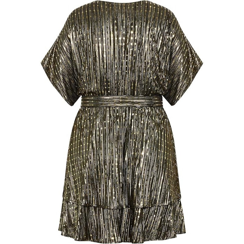 City Chic Women Size 24 Frida Gold Sequin Short Sleeve Sparkle Faux Wrap Dress