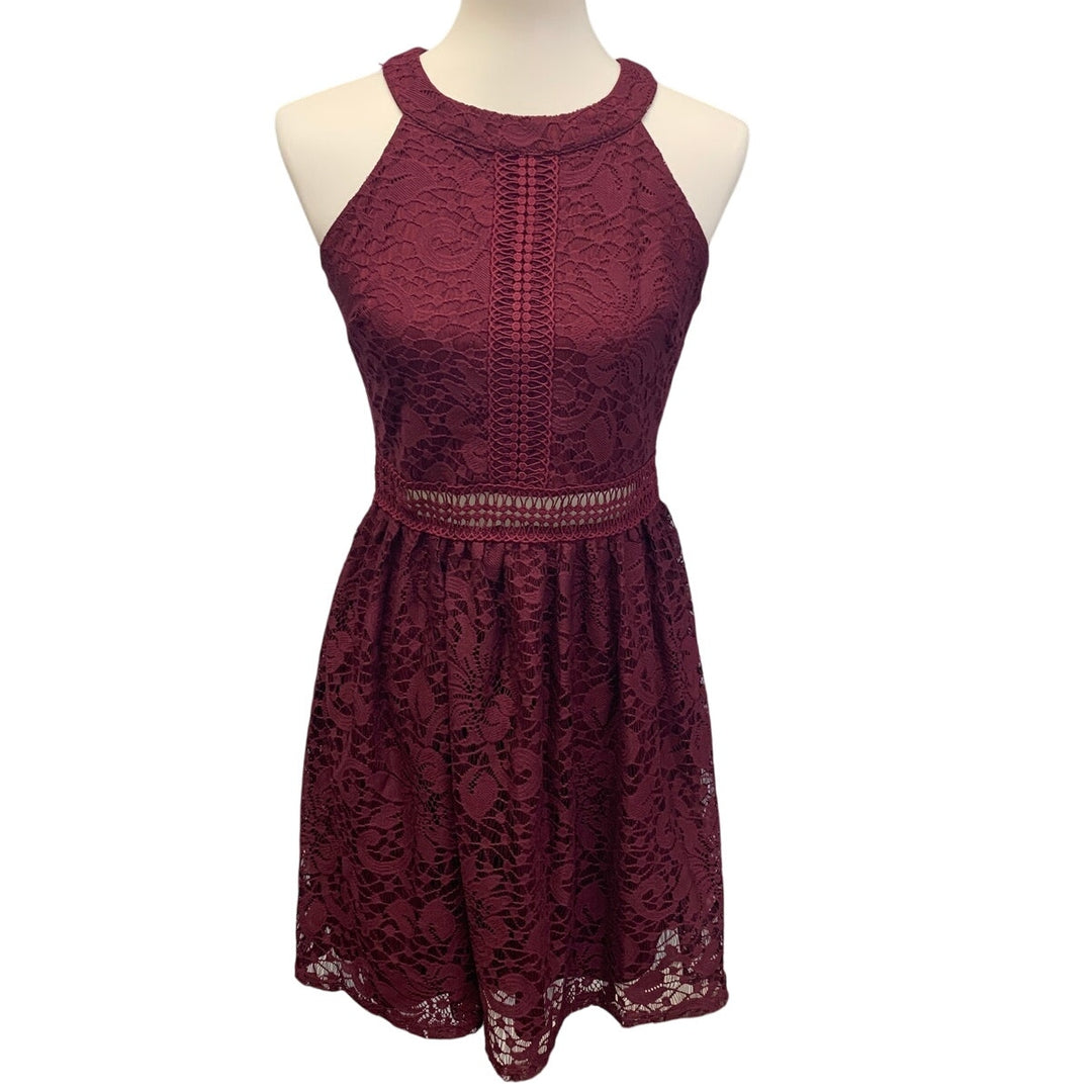 By &amp; By Juniors Size 9 Sleeveless Lace Fit &amp; Flare Wine Red Knee Length Dress