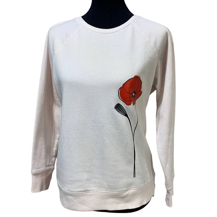 Hand Printed Upcycled Small Red Poppy Flower Cotton Blend Crew Neck Sweatshirt
