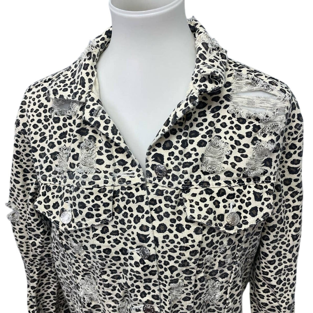 Carole Christian Small Distressed Button Up Leopard Print Cotton Denim Long Coat