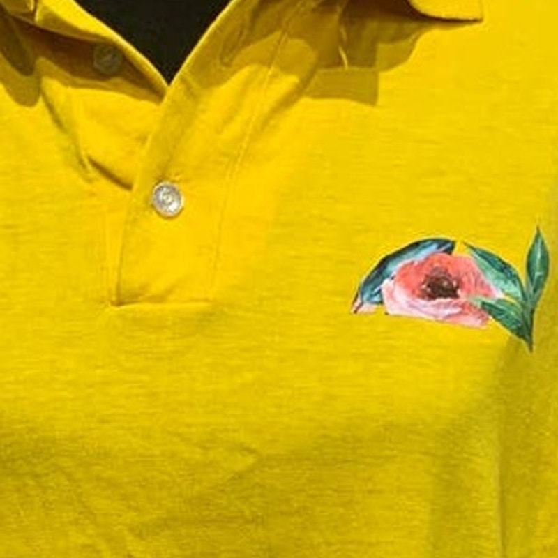 Upcycled Hand Printed Medium Flower Peony Short Sleeve Collared Polo Shirt