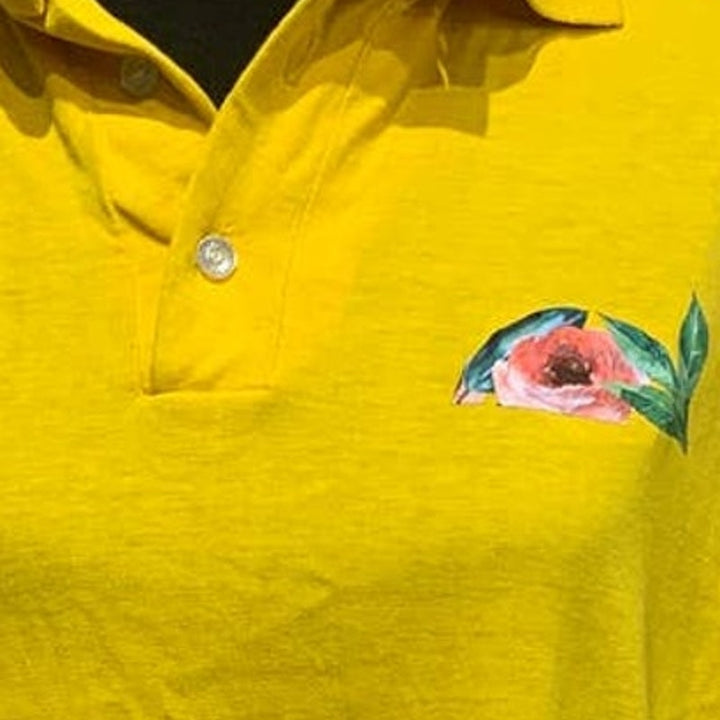 Upcycled Hand Printed Medium Flower Peony Short Sleeve Collared Polo Shirt