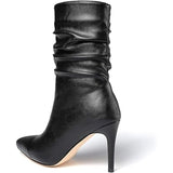 Vivianly Womens 9 Black Faux Leather Pointed Toe 3.5" Heel Slouch Ankle Boots