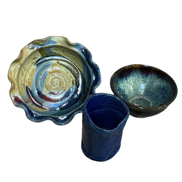 Handmade Stoneware Pottery Blue Drip Yellow Color Rustic Mug Bowl Candy Dish Set
