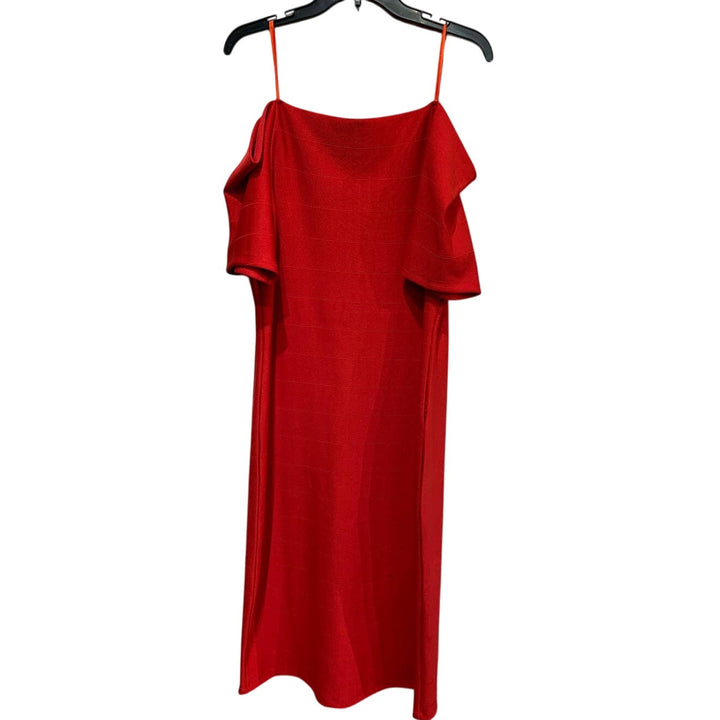 New Love J Plus 2X Off Shoulder Short Sleeve Body Con Midi Solid Red Dress