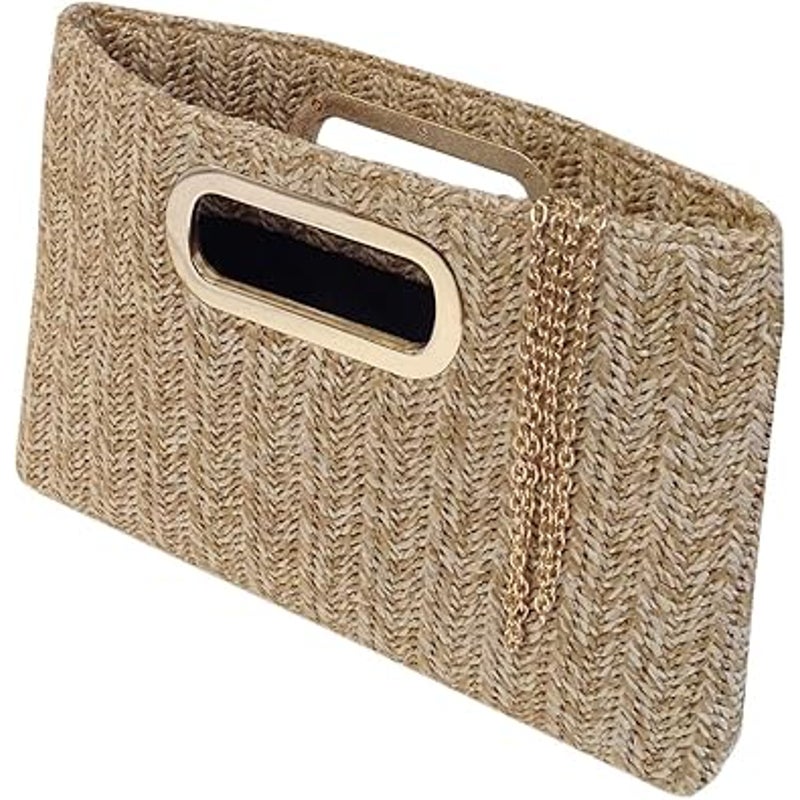 New Tan Gold Accent Optional Chain Top Handle Straw Clutch Purse Handbag Bag
