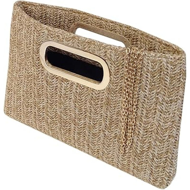 New Tan Gold Accent Optional Chain Top Handle Straw Clutch Purse Handbag Bag