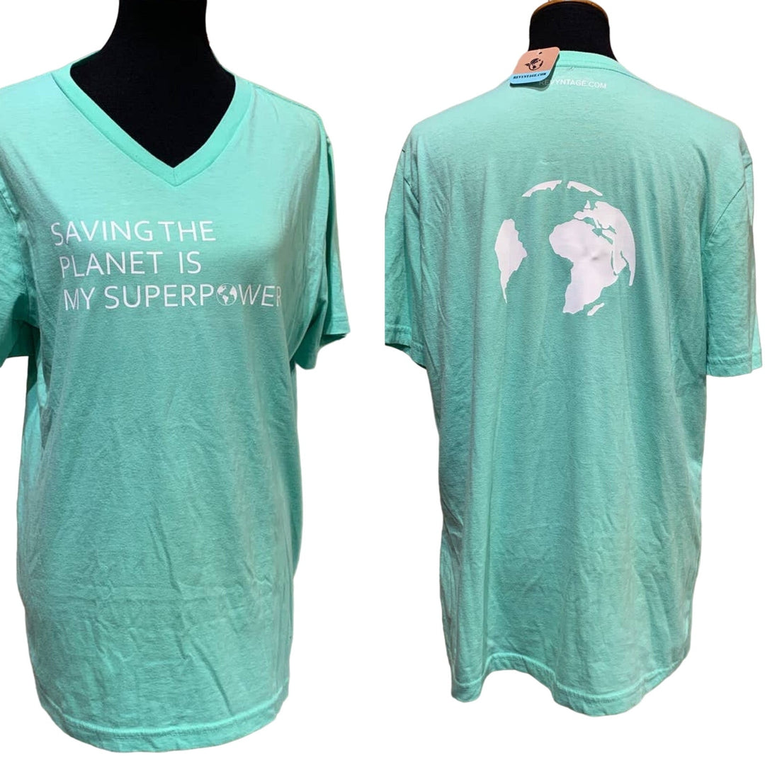 Hand Printed Upcycled Womens Large Saving the Planet is My Superpower Tee