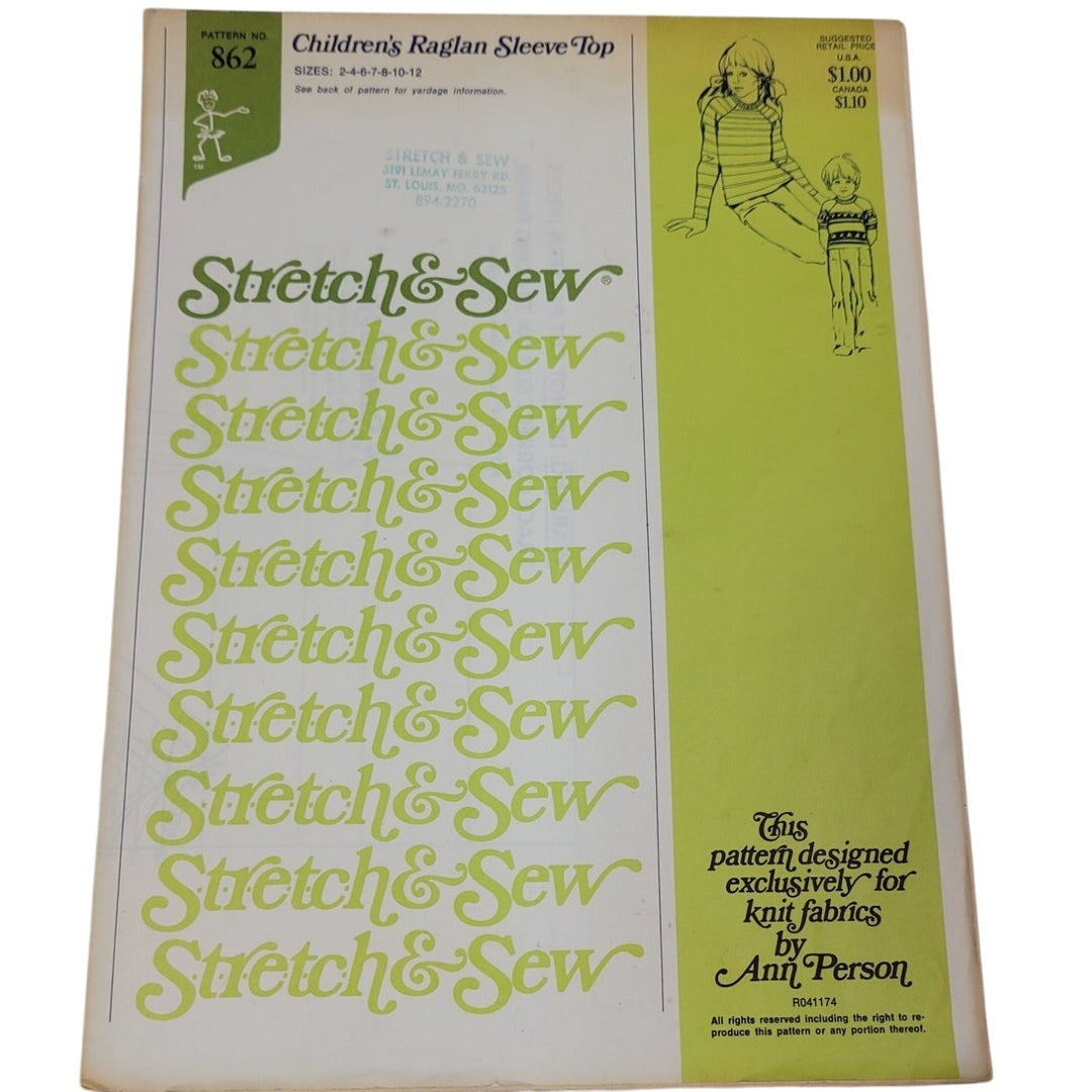 Vintage Stretch &amp; Sew 862 Childrens Raglan Sleeve Top Uncut Sewing Pattern